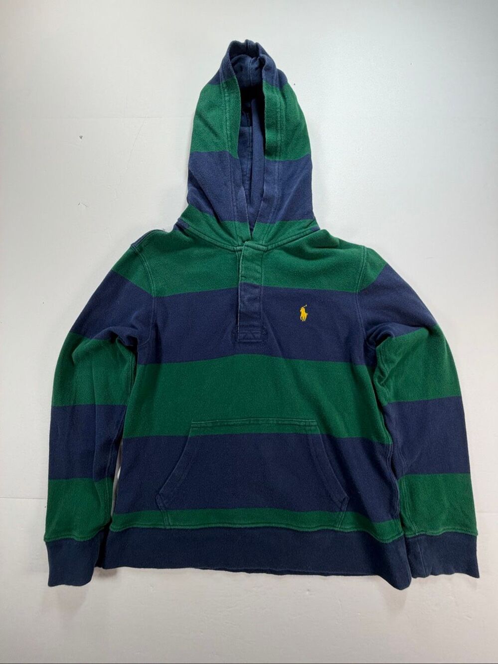 Polo Ralph Lauren Boys Size M 10-12 Green Navy Striped Rugby Hooded Pullover EUC